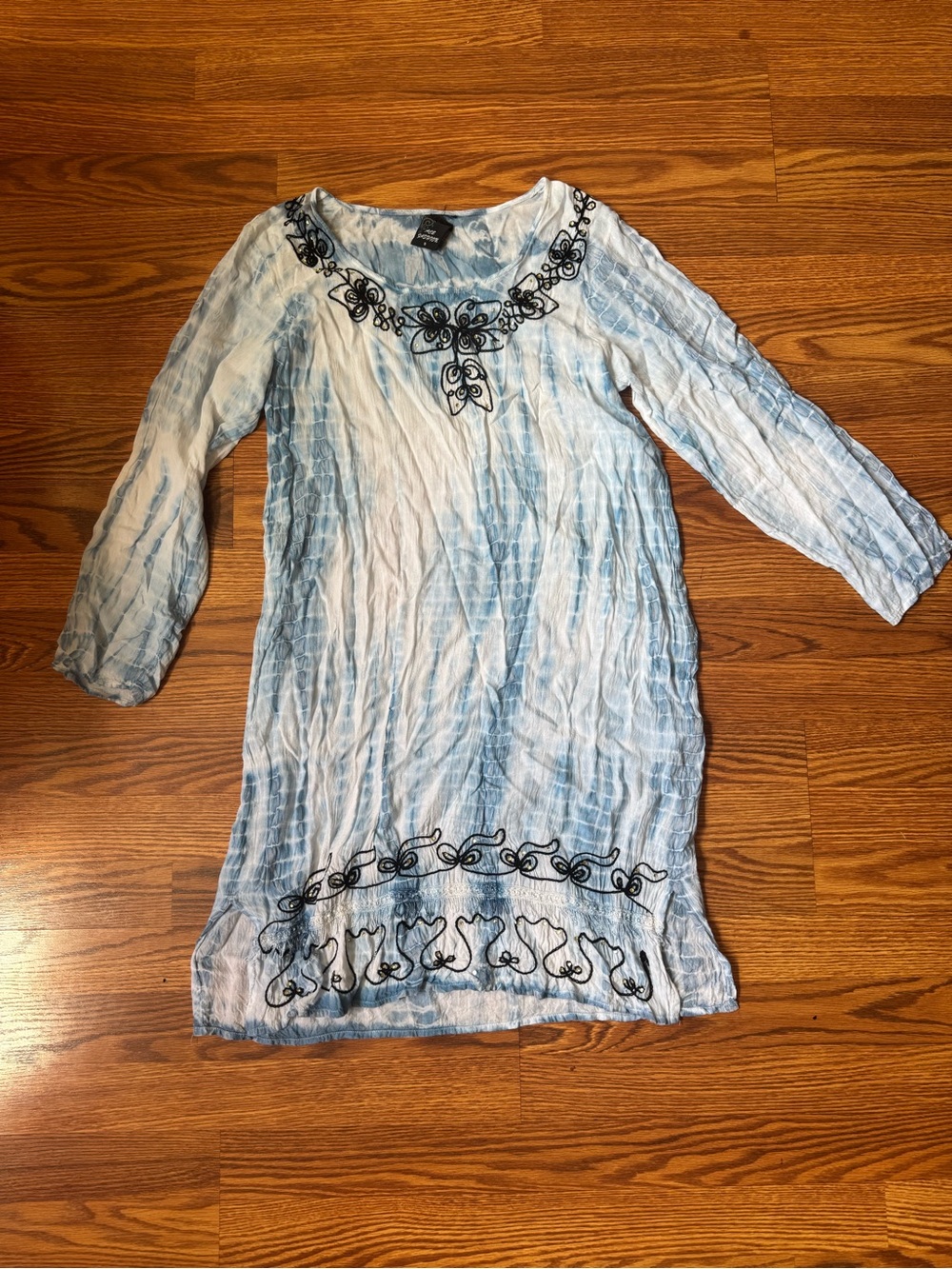 Light Blue Tie-Dye Embroidered Women’s Tunic Dress